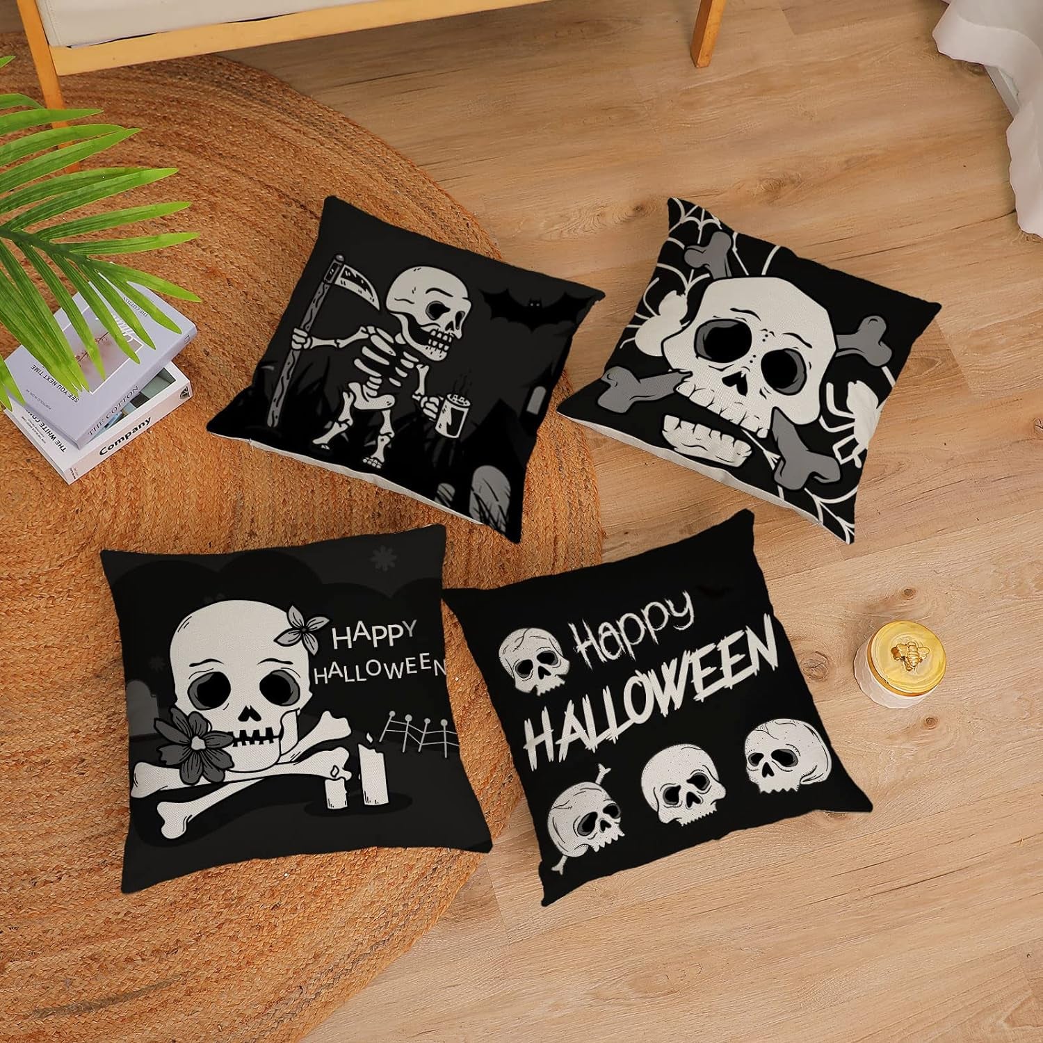 Halloween Pillow Covers 18X18 Set of 4 Black Halloween Decorative Throw Pillows Skeleton Ghost Pillow Cases Home Outdoor Sofa Couch Cushion Covers for Halloween Decorations (18 by 18)