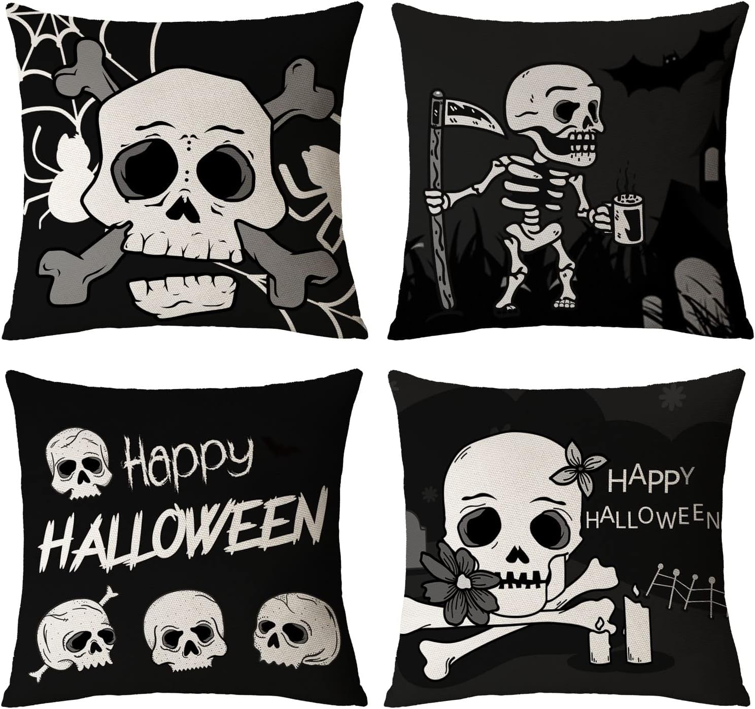 Halloween Pillow Covers 18X18 Set of 4 Black Halloween Decorative Throw Pillows Skeleton Ghost Pillow Cases Home Outdoor Sofa Couch Cushion Covers for Halloween Decorations (18 by 18)