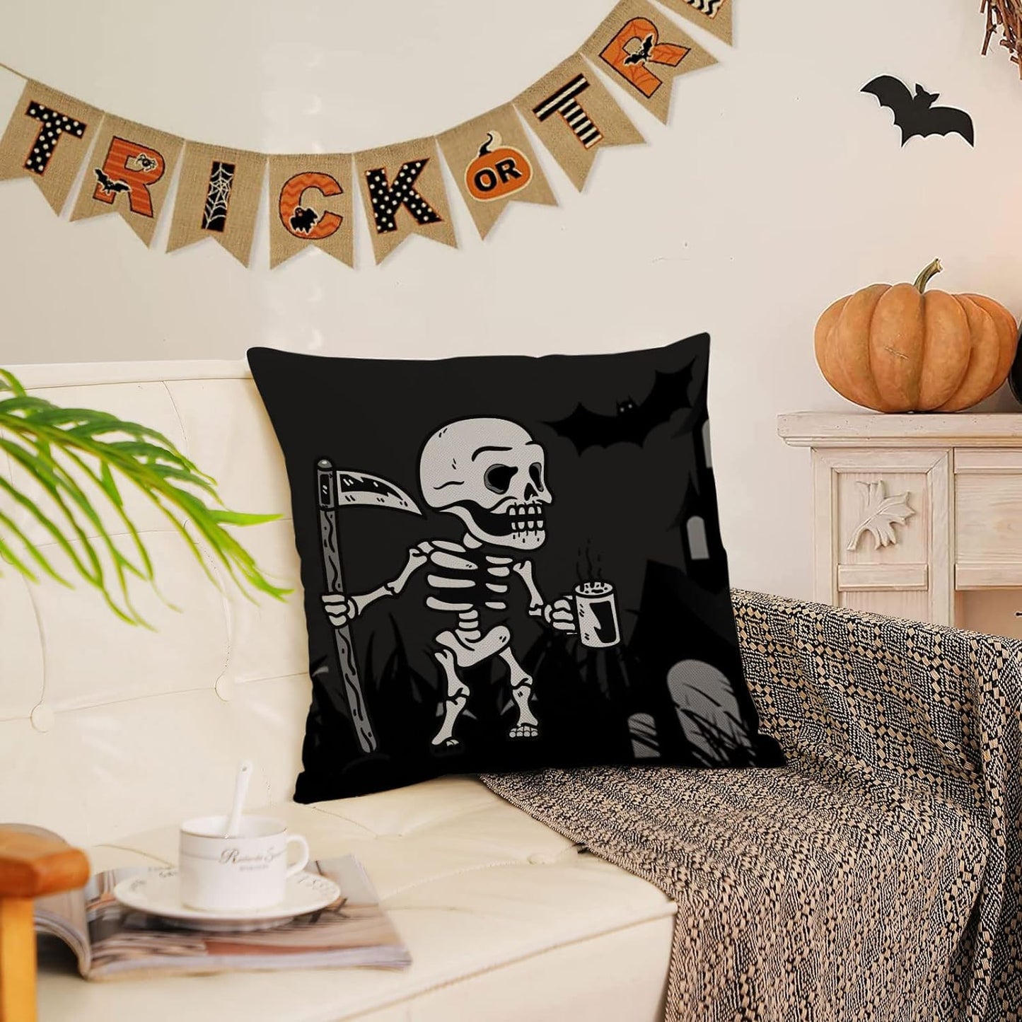 Halloween Pillow Covers 18X18 Set of 4 Black Halloween Decorative Throw Pillows Skeleton Ghost Pillow Cases Home Outdoor Sofa Couch Cushion Covers for Halloween Decorations (18 by 18)