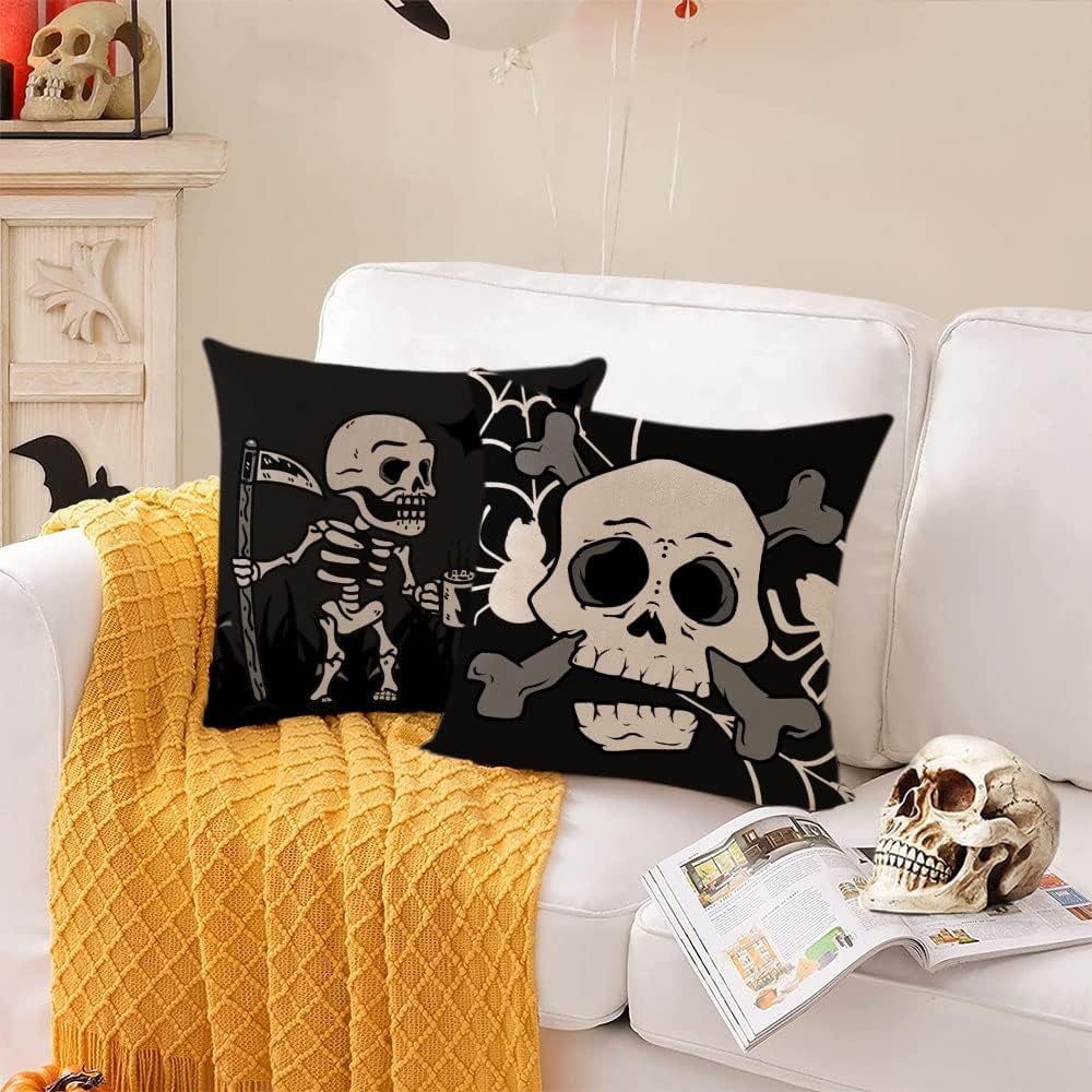 Halloween Pillow Covers 18X18 Set of 4 Black Halloween Decorative Throw Pillows Skeleton Ghost Pillow Cases Home Outdoor Sofa Couch Cushion Covers for Halloween Decorations (18 by 18)