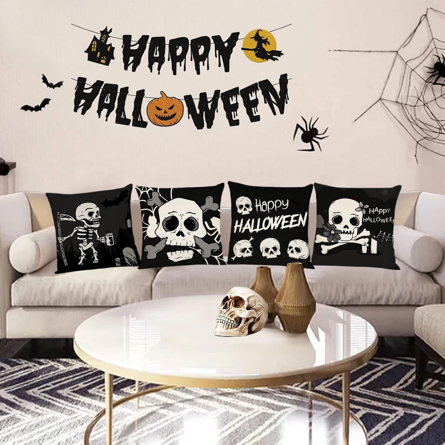 Halloween Pillow Covers 18X18 Set of 4 Black Halloween Decorative Throw Pillows Skeleton Ghost Pillow Cases Home Outdoor Sofa Couch Cushion Covers for Halloween Decorations (18 by 18)