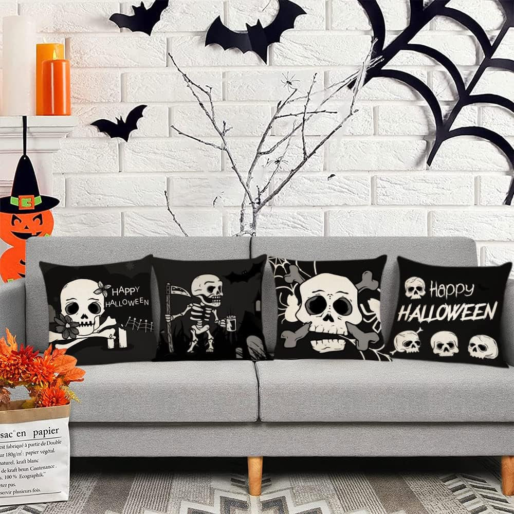 Halloween Pillow Covers 18X18 Set of 4 Black Halloween Decorative Throw Pillows Skeleton Ghost Pillow Cases Home Outdoor Sofa Couch Cushion Covers for Halloween Decorations (18 by 18)